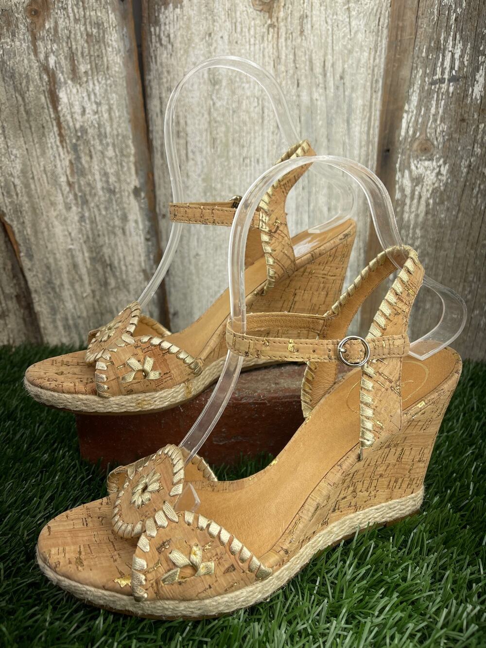 Jack Rogers Clare Cork Wedge Sandals Gold Whipstitched Leather Women's 6.5